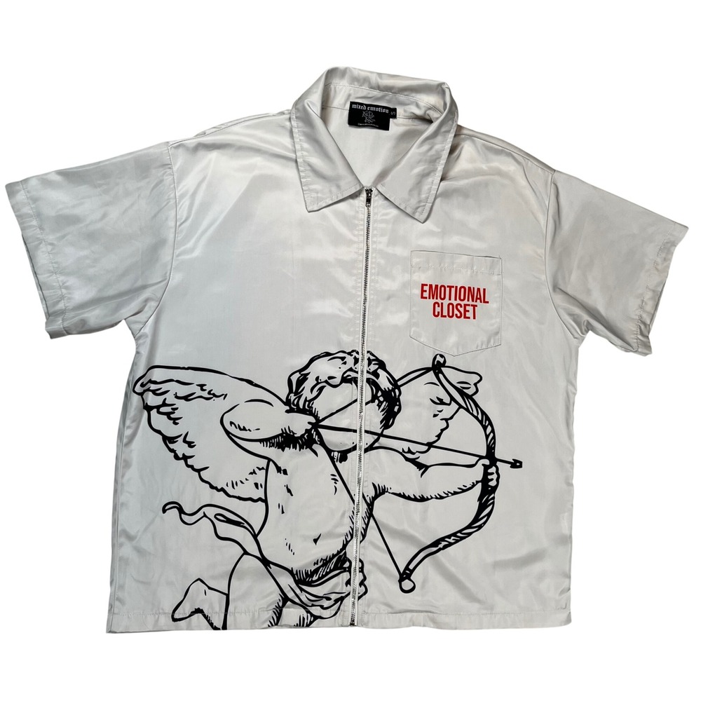 Mixed Emotion Zip Up Shirt Mens Small White Shiny Cupid Graphic Emotional Closet